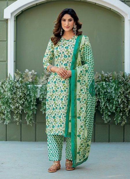 Pista Colour Cotton Blend With Print Kurti With Pant Dupatta Wholesale In India Aaradhna 2029